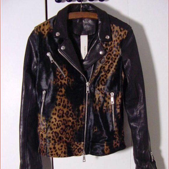 Giorgio Brato Black Leather & Silk Leopard Print Women's Moto Jacket Sz 46 Italy - Picture 1 of 13